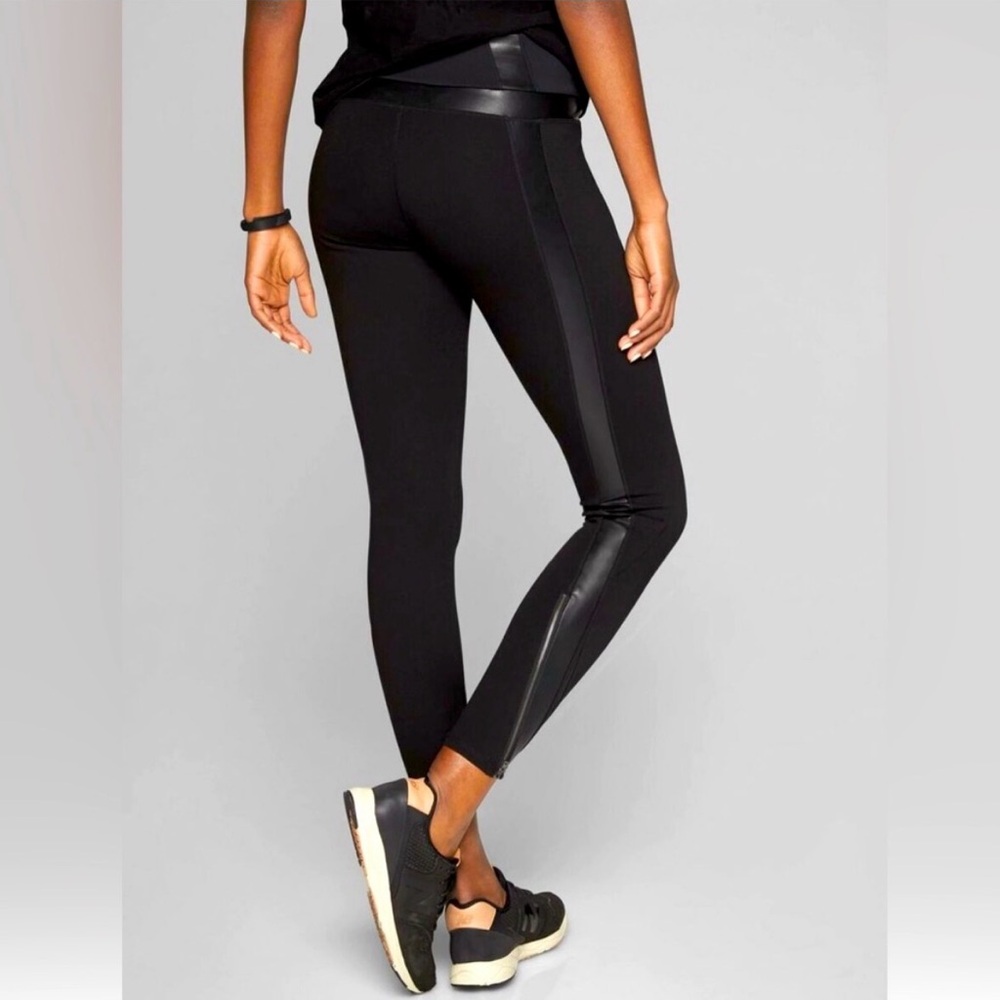 Athleta Luxe Black Leggings Faux Leather panels Moto Zippers, women’s XS